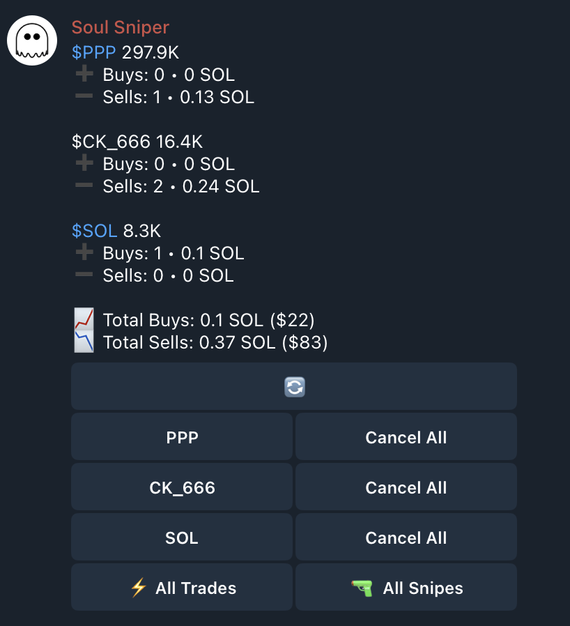 Soul Sniper orders overview showing token rows and order controls.